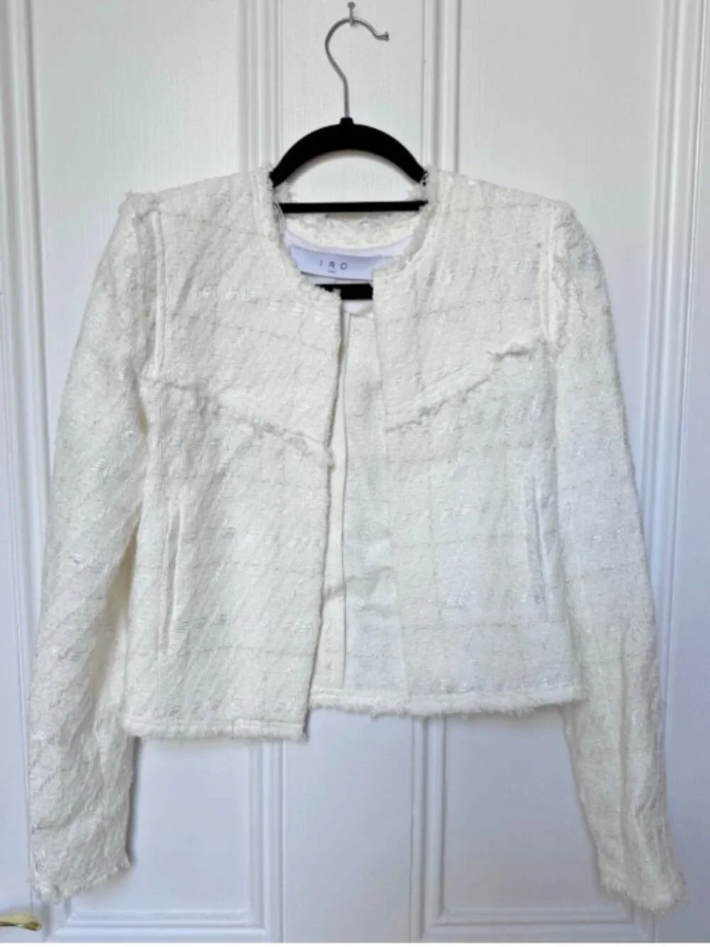IRO Paris White Lubna Tweed Fringe Collarless Cropped Jacket Blazer Size 32 / 0
